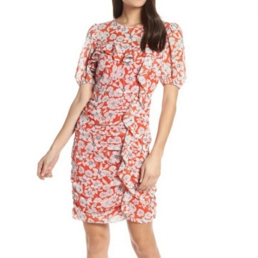 Chelsea28 Floral Print Ruched Sheath Dress Orange Size 6